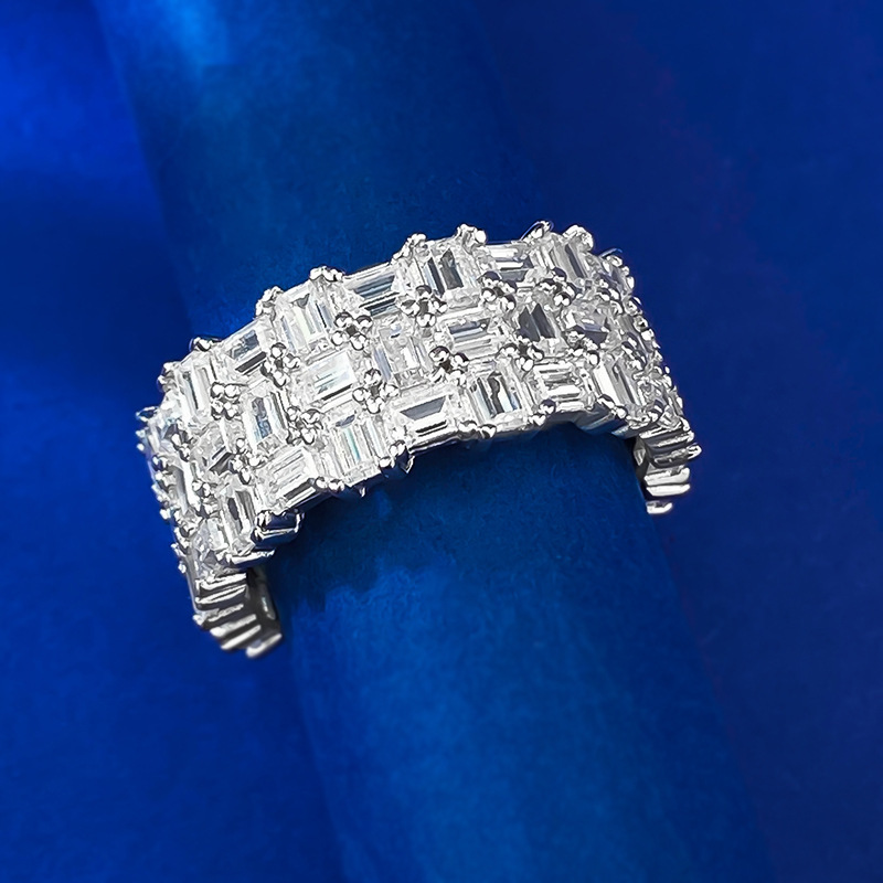 White Emerald Cut Multi-Row Prong Setting Band-Sterling Silver-lornajewelry