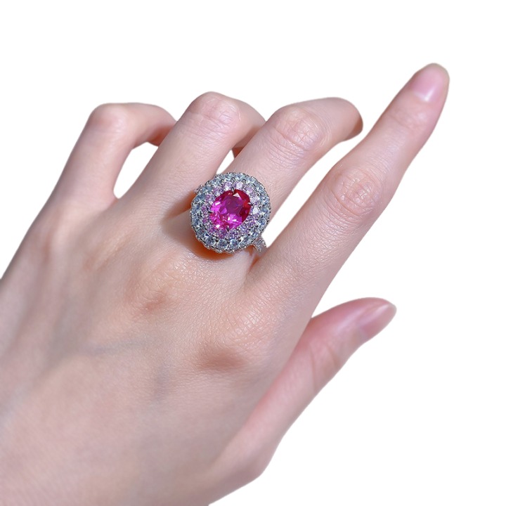 3.5Ct Luxury Fuchsia Oval Stone Ring Double Halo Design-Sterling Silver-lornajewelry