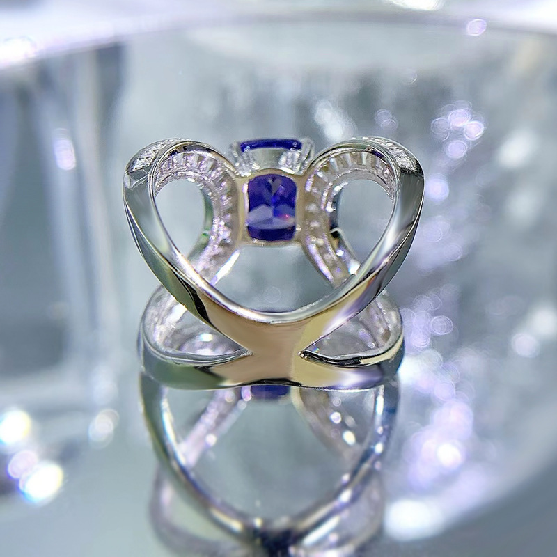2Ct Blue Sapphire Cushion Cut Diamond Accent Unique Design Ring-Sterling Silver-lornajewelry