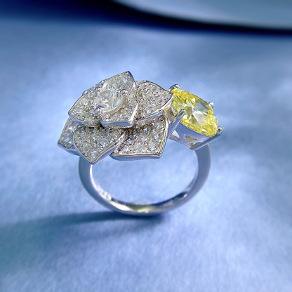 3Ct Yellow Cushion Cut Floral Pave Ring-Sterling Silver-lornajewelry
