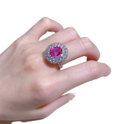 3.5Ct Luxury Fuchsia Oval Stone Ring Double Halo Design-Sterling Silver-lornajewelry