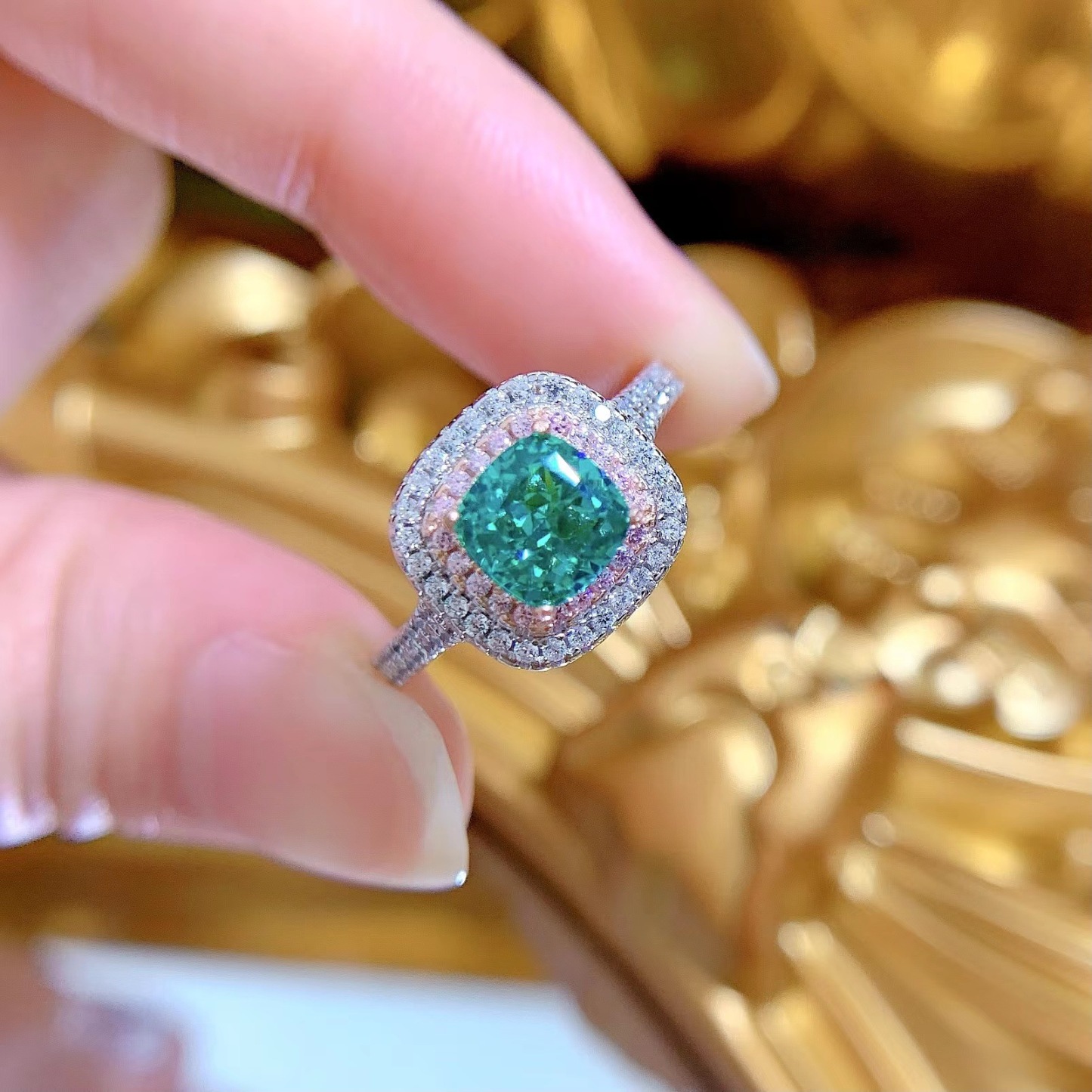 3.5Ct Cushion Cut Green Gemstone Double Halo Ring-Sterling Silver-lornajewelry