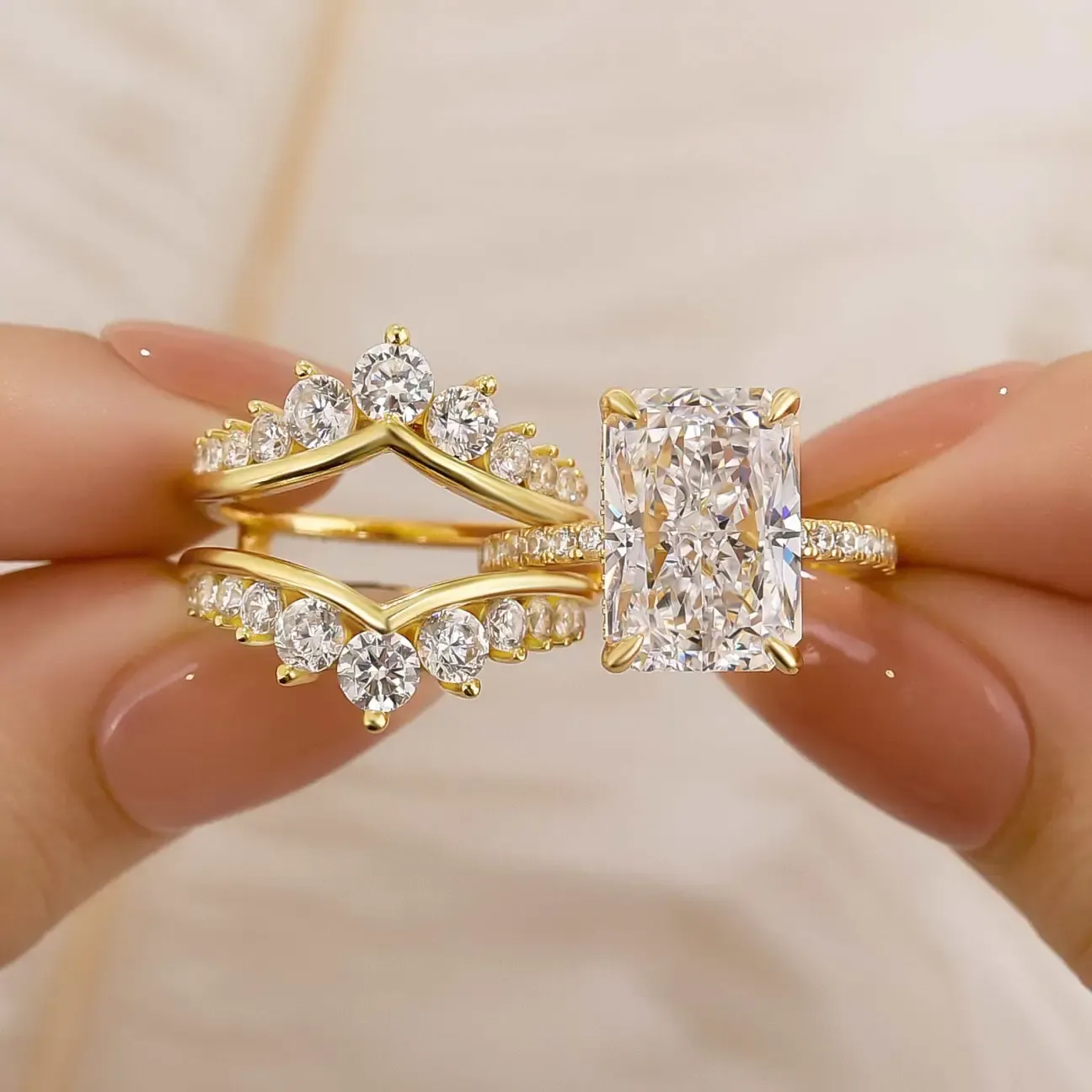 4Ct Radiant Cut Insert Wedding Ring Set with Crown Shaped Engagement Ring Enhancer in Sterling Silver