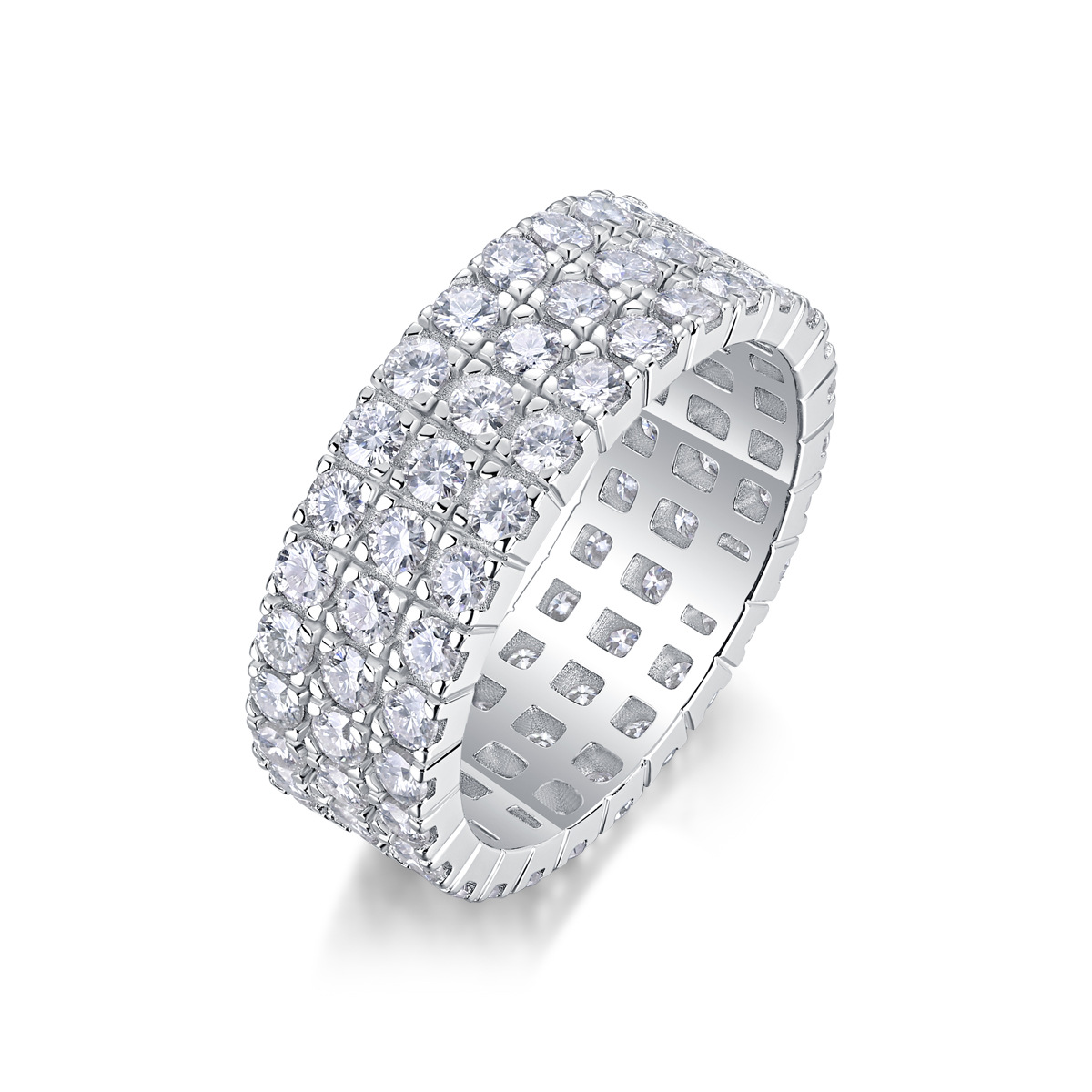 Moissanite Triple Row Pave Full Eternity Wedding Band Stackable Ring-Sterling Silver-lornajewelry