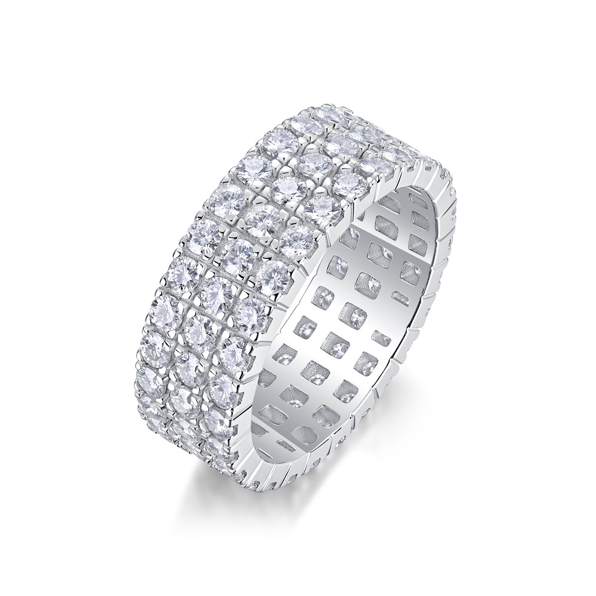 Moissanite Triple Row Pave Full Eternity Wedding Band Stackable Ring-Sterling Silver-lornajewelry