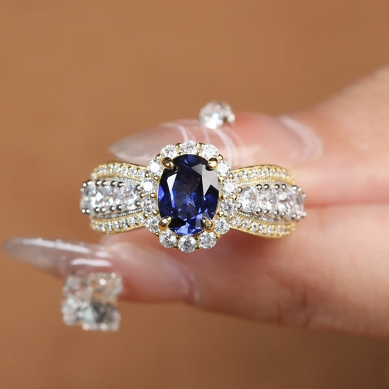 2Ct Luxury Oval Blue Stone Halo Accent Ring in Gold-Sterling Silver-lornajewelry