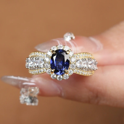 2Ct Luxury Oval Blue Stone Halo Accent Ring in Gold-Sterling Silver-lornajewelry