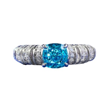 1Ct Luxury Aquamarine Blue Cushion Gemstone Ring White Accent Band-Sterling Silver-lornajewelry