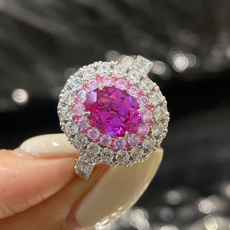 3.5Ct Luxury Fuchsia Oval Stone Ring Double Halo Design-Sterling Silver-lornajewelry