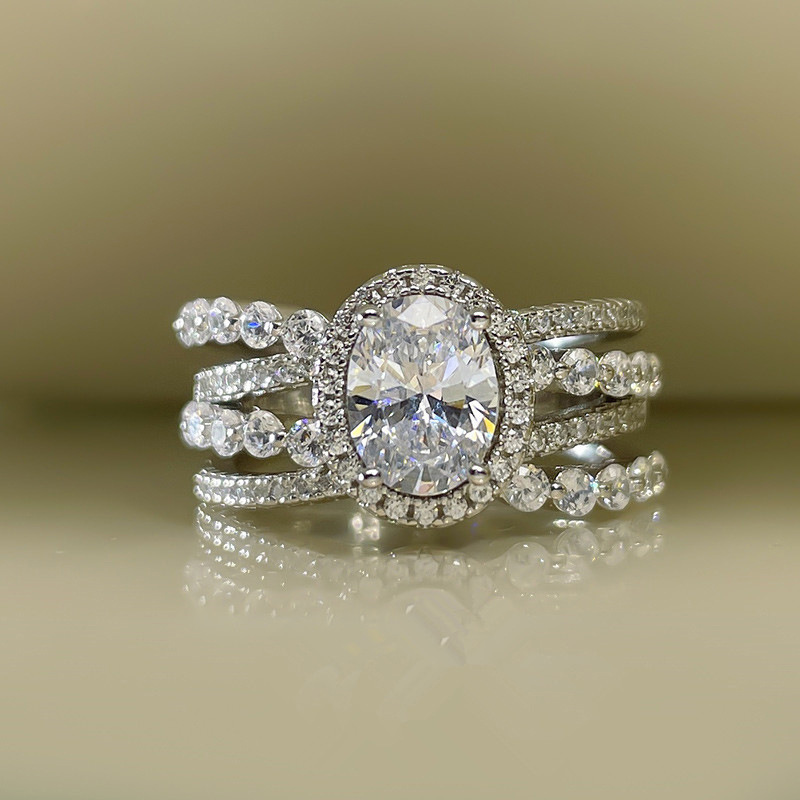 1Ct White Oval Cut Triple Band Halo Ring-Sterling Silver-lornajewelry