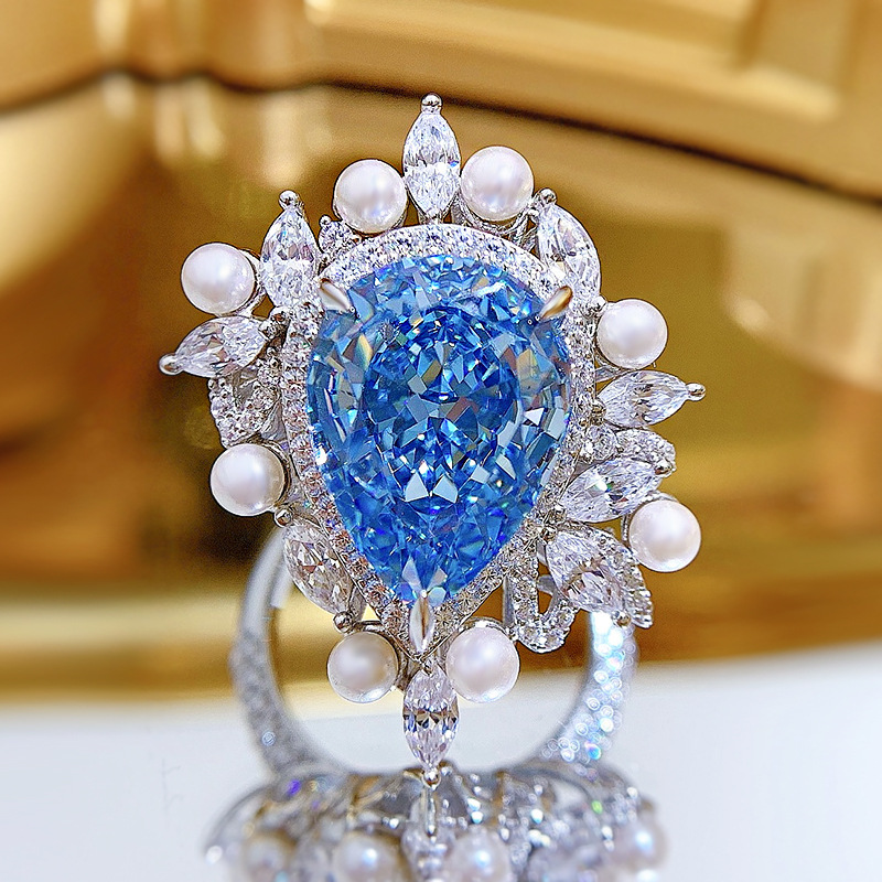 8Ct Luxury Pear Cut Aquamarine Pearl Accents Ring-Sterling Silver-lornajewelry