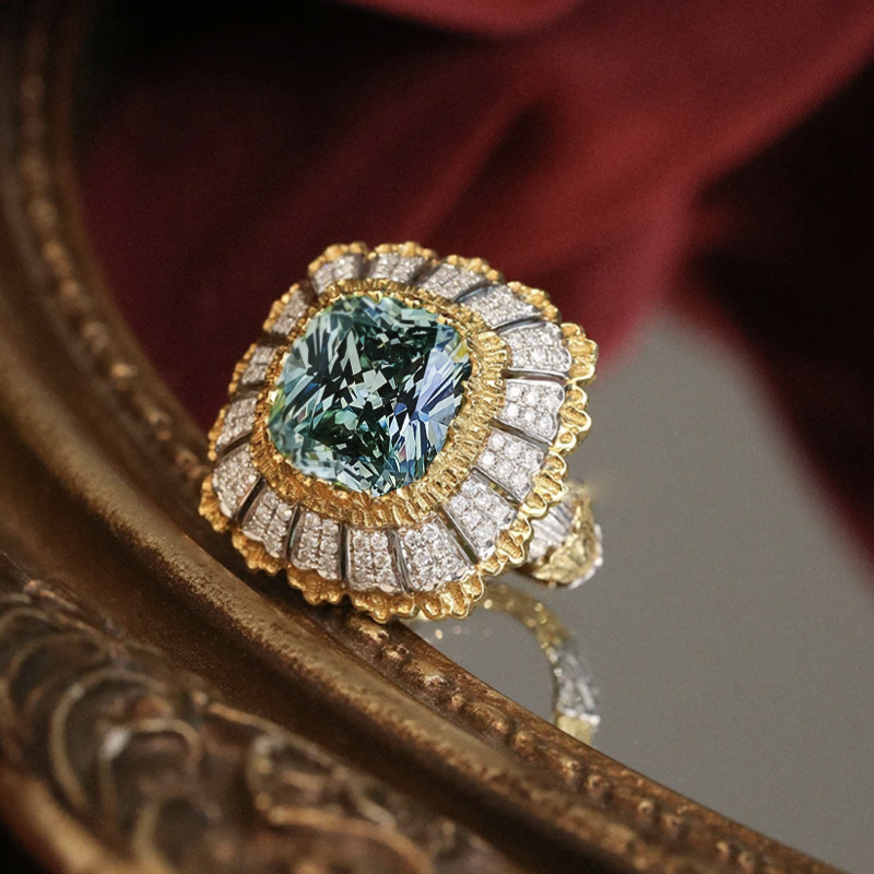3.5Ct Luxury Cushion Cut Green Tourmaline Intricate Design Buccellati Style Ring-Sterling Silver-lornajewelry