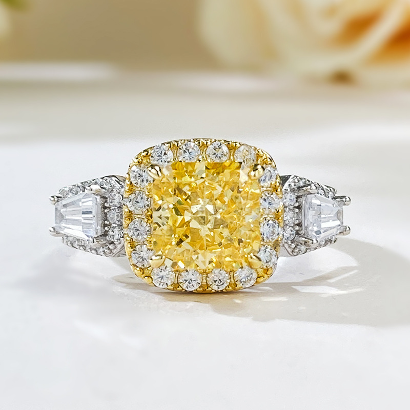 2Ct Yellow Cushion Gemstone Halo Side Stone Accents Ring-Sterling Silver-lornajewelry