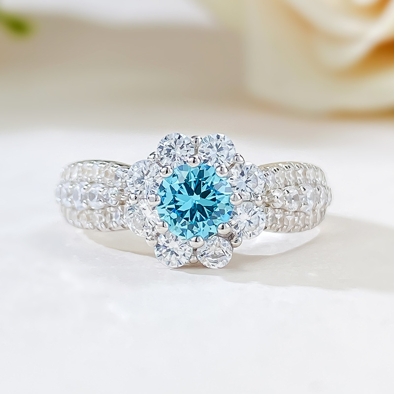 0.5Ct Elegant Round Cut Aquamarine Gemstone Halo Design Ring-Sterling Silver-lornajewelry