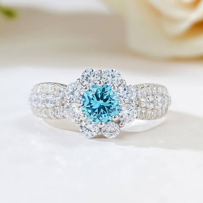 0.5Ct Elegant Round Cut Aquamarine Gemstone Halo Design Ring-Sterling Silver-lornajewelry