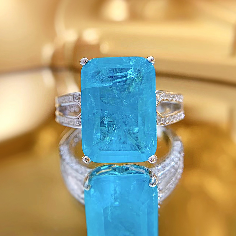 7Ct Paraiba Blue Emerald Cut Gemstone Split Shank Ring-Sterling Silver-lornajewelry