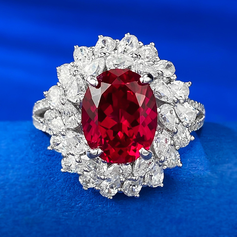 3.5Ct Oval Cut Red Gemstone Floral Diamond Halo Ring-Sterling Silver-lornajewelry