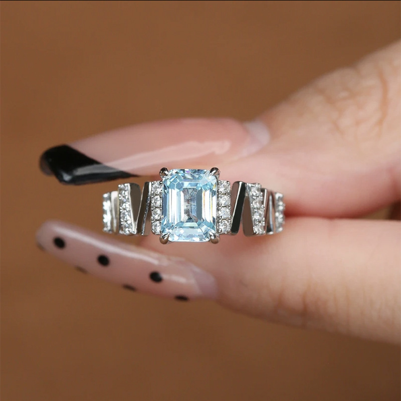 2Ct Emerald Cut Aquamarine Gemstone Ring-Sterling Silver-lornajewelry