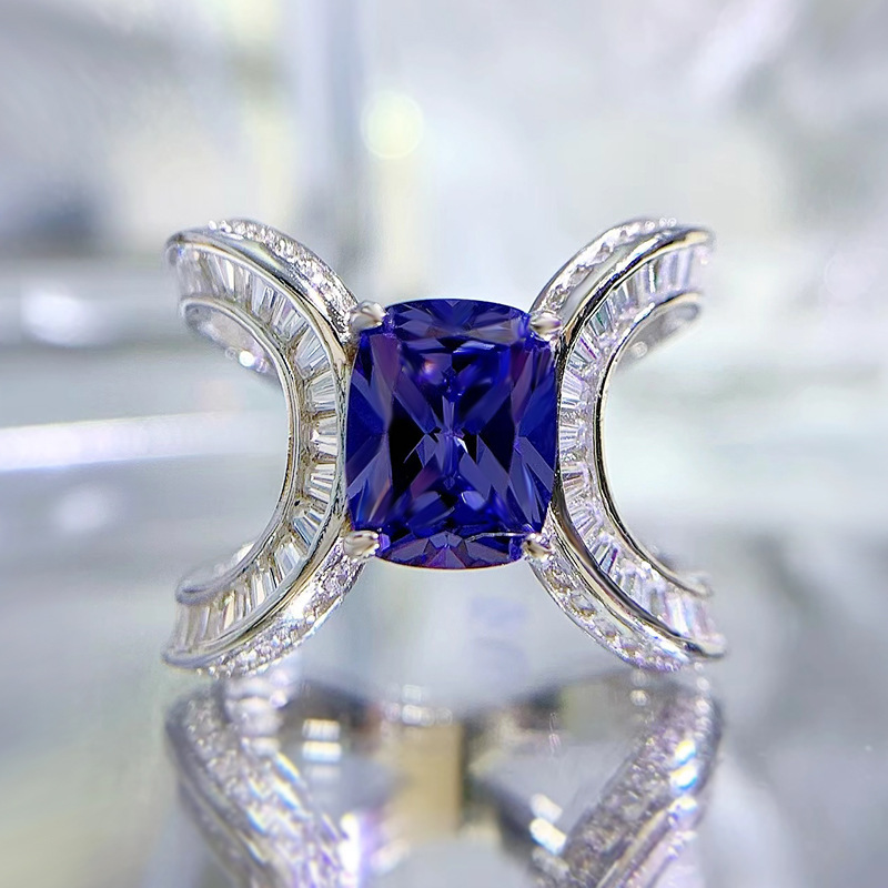 2Ct Blue Sapphire Cushion Cut Diamond Accent Unique Design Ring-Sterling Silver-lornajewelry