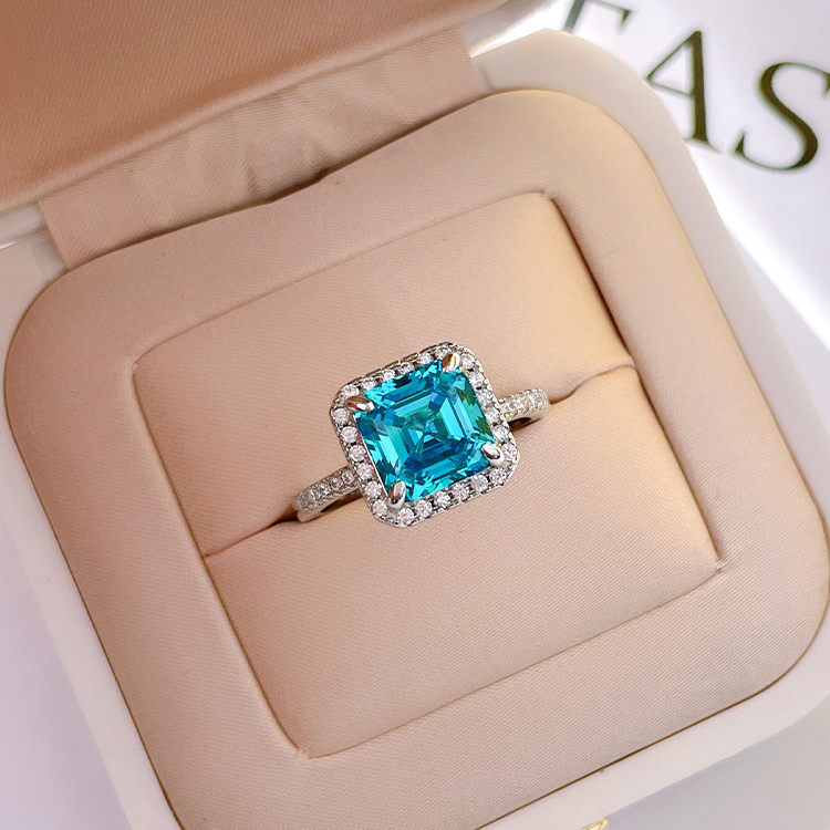 3Ct Exclusive Halo Asscher Cut Light Aquamarine Blue Engagement Ring In Sterling Silver-Sterling Silver-lornajewelry