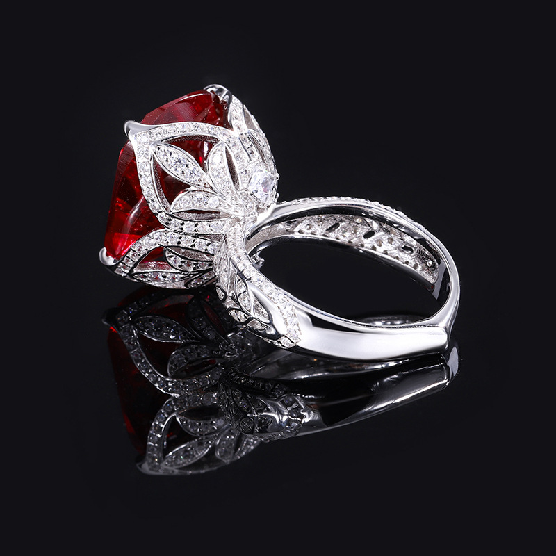 16Ct Ruby Cushion Cut Leaf Motif Vintage Style Ring-Sterling Silver-lornajewelry