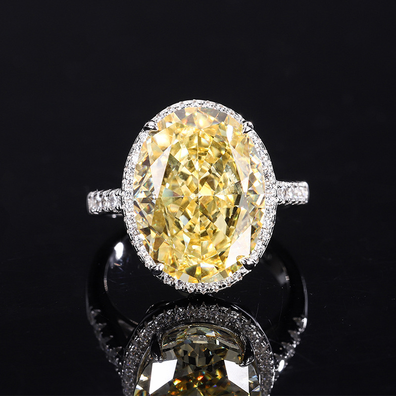 14Ct Yellow Oval Cut Pave Halo Setting Ring-Sterling Silver-lornajewelry
