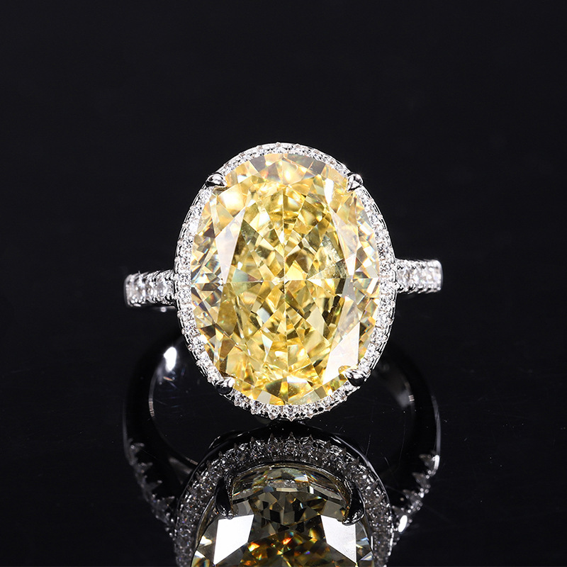 14Ct Yellow Oval Cut Pave Halo Setting Ring-Sterling Silver-lornajewelry