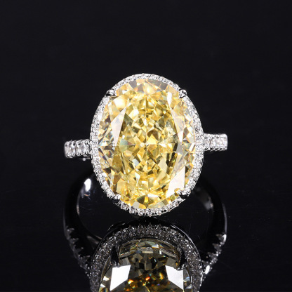 14Ct Yellow Oval Cut Pave Halo Setting Ring-Sterling Silver-lornajewelry