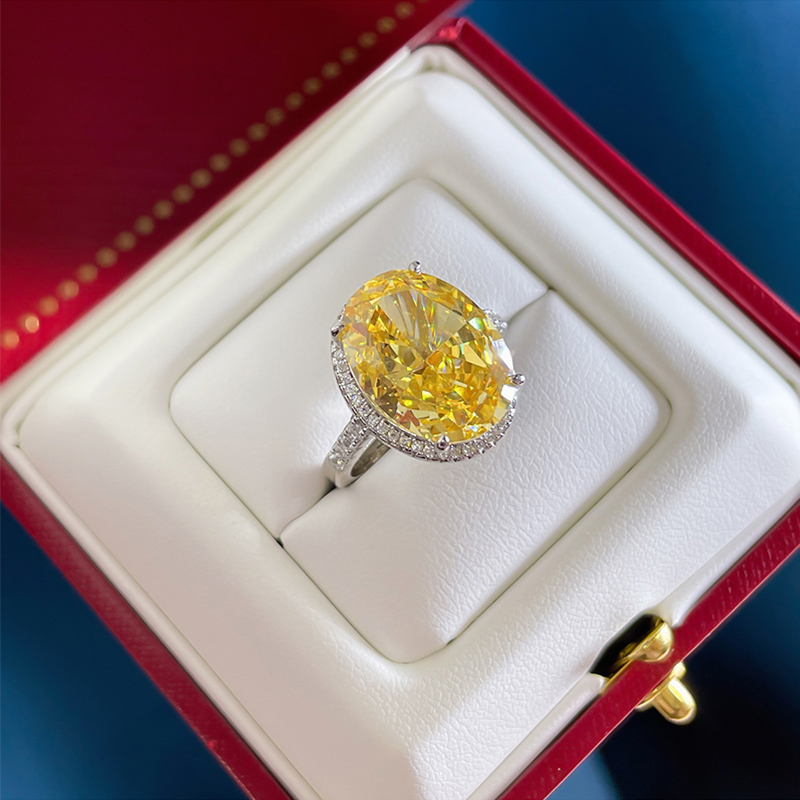 14Ct Yellow Oval Cut Pave Halo Setting Ring-Sterling Silver-lornajewelry