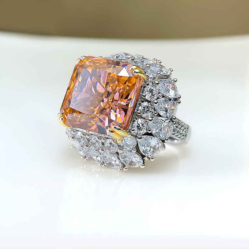 14Ct Luxury Orange Radiant Cut Halo Setting Ring-Sterling Silver-lornajewelry