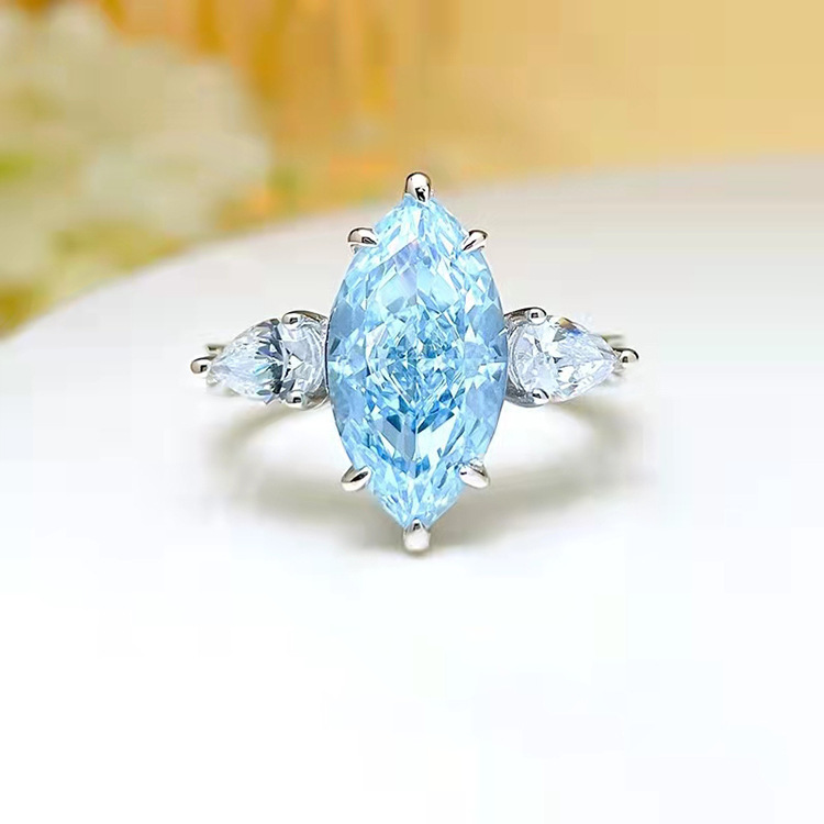 4.5Ct Aquamarine Blue Marquise Cut Three-Stone Ring-Sterling Silver-lornajewelry