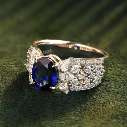 1Ct Blue Oval Cut Marquise Pave Ring-Sterling Silver-lornajewelry