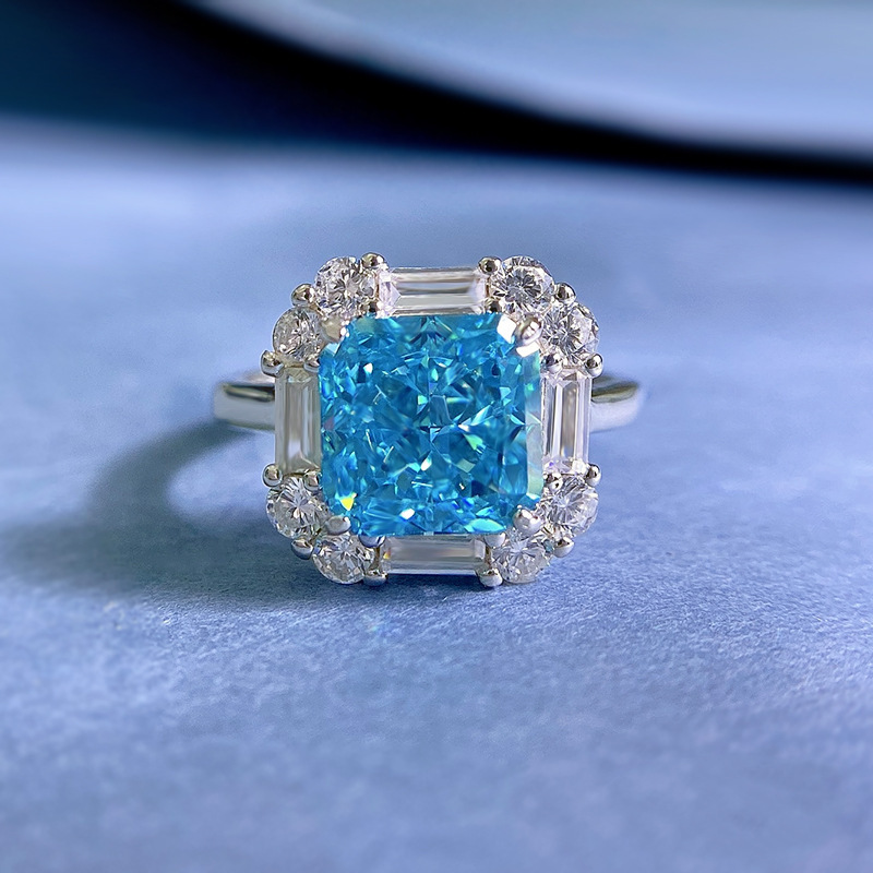 3Ct Aquamarine Blue Radiant Cut Cluster Halo Ring-Sterling Silver-lornajewelry
