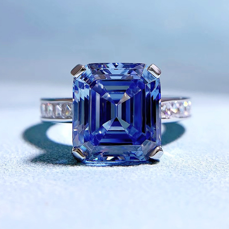 5.5Ct Blue Asscher Cut Pave Ring-Sterling Silver-lornajewelry