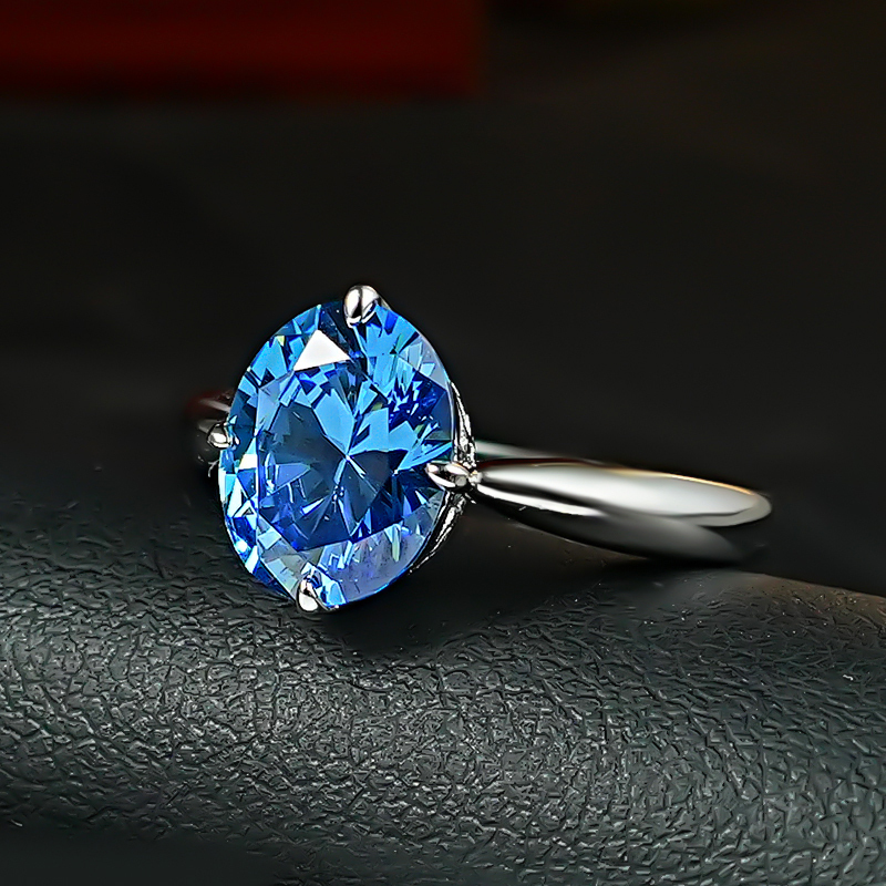 3Ct Blue Oval Cut Solitaire Ring-Sterling Silver-lornajewelry