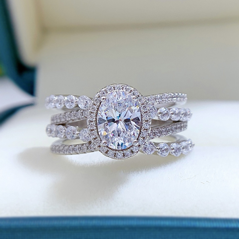 1Ct White Oval Cut Triple Band Halo Ring-Sterling Silver-lornajewelry