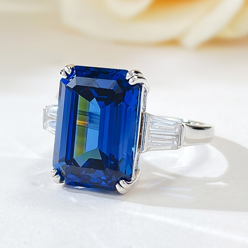 7Ct Blue Emerald Cut Three-Stone Ring-Sterling Silver-lornajewelry