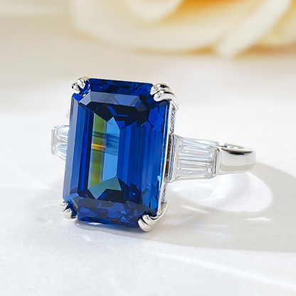 7Ct Blue Emerald Cut Three-Stone Ring-Sterling Silver-lornajewelry