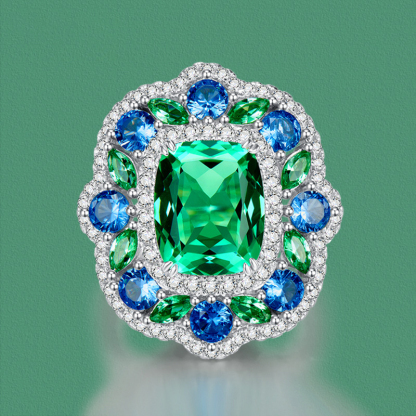 4Ct Luxury Cushion Green Tourmaline Gemstone Ring Secret Garden Vibrant Blue Green Halo-Sterling Silver-lornajewelry