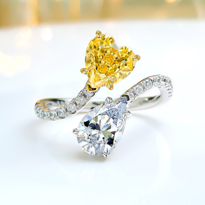 1Ct+1Ct Yellow Heart and White Pear Cut Bypass Ring-Sterling Silver-lornajewelry