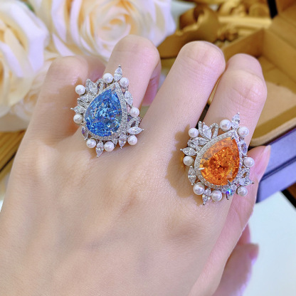 8Ct Luxury Pear Cut Aquamarine Pearl Accents Ring-Sterling Silver-lornajewelry