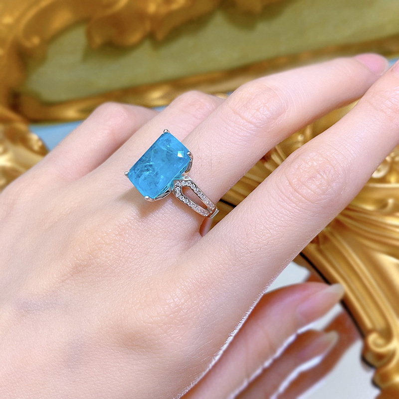 7Ct Paraiba Blue Emerald Cut Gemstone Split Shank Ring-Sterling Silver-lornajewelry