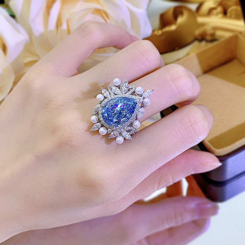 8Ct Luxury Pear Cut Aquamarine Pearl Accents Ring-Sterling Silver-lornajewelry
