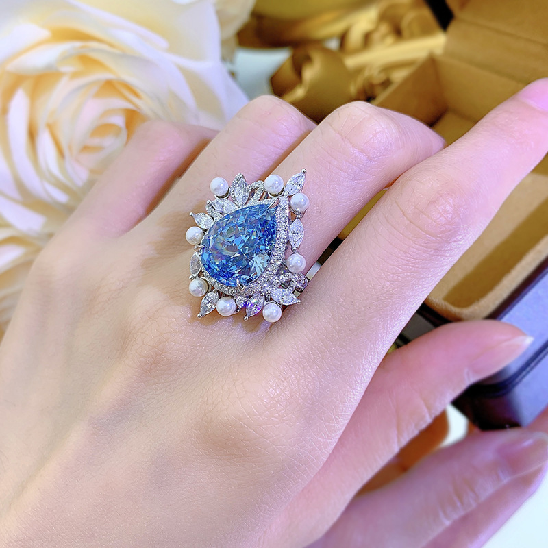 8Ct Luxury Pear Cut Aquamarine Pearl Accents Ring-Sterling Silver-lornajewelry