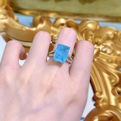 7Ct Paraiba Blue Emerald Cut Gemstone Split Shank Ring-Sterling Silver-lornajewelry