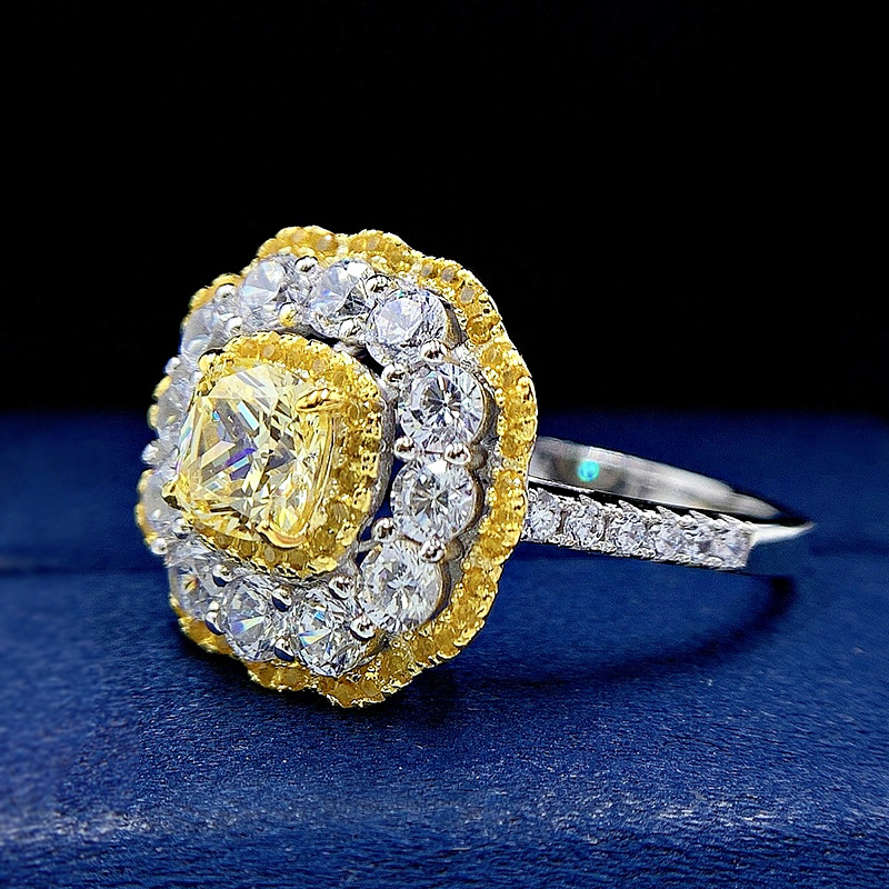 2Ct Cushion Cut Double Halo Yellow Gemstone Ring-Sterling Silver-lornajewelry