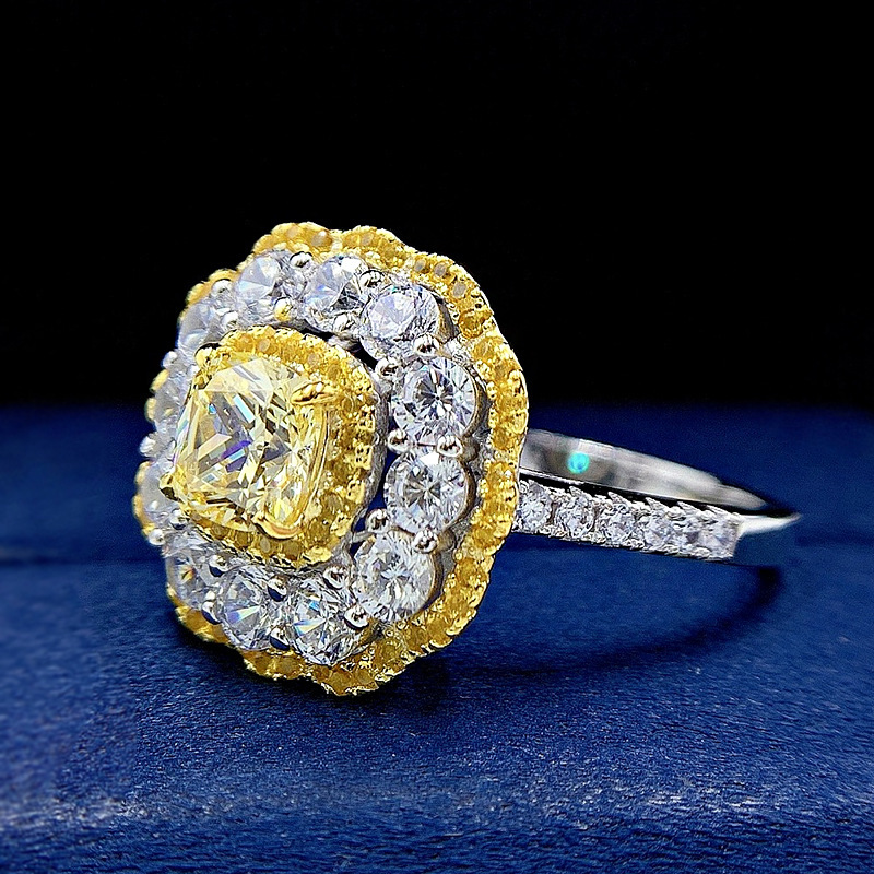 2Ct Cushion Cut Double Halo Yellow Gemstone Ring-Sterling Silver-lornajewelry