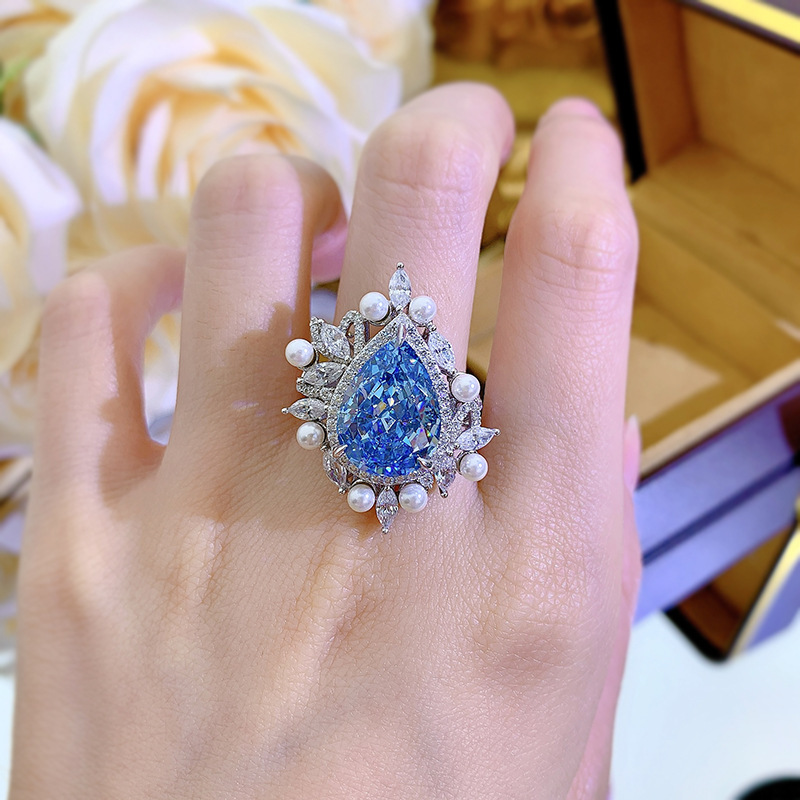 8Ct Luxury Pear Cut Aquamarine Pearl Accents Ring-Sterling Silver-lornajewelry