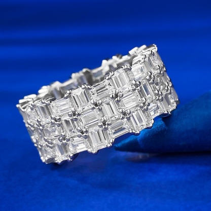 White Emerald Cut Multi-Row Prong Setting Band-Sterling Silver-lornajewelry