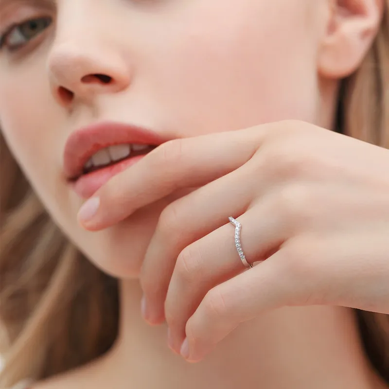 Moissanite V-Shaped Half Eternity Sterling Silver Wedding Band Stackable Ring-Sterling Silver-lornajewelry